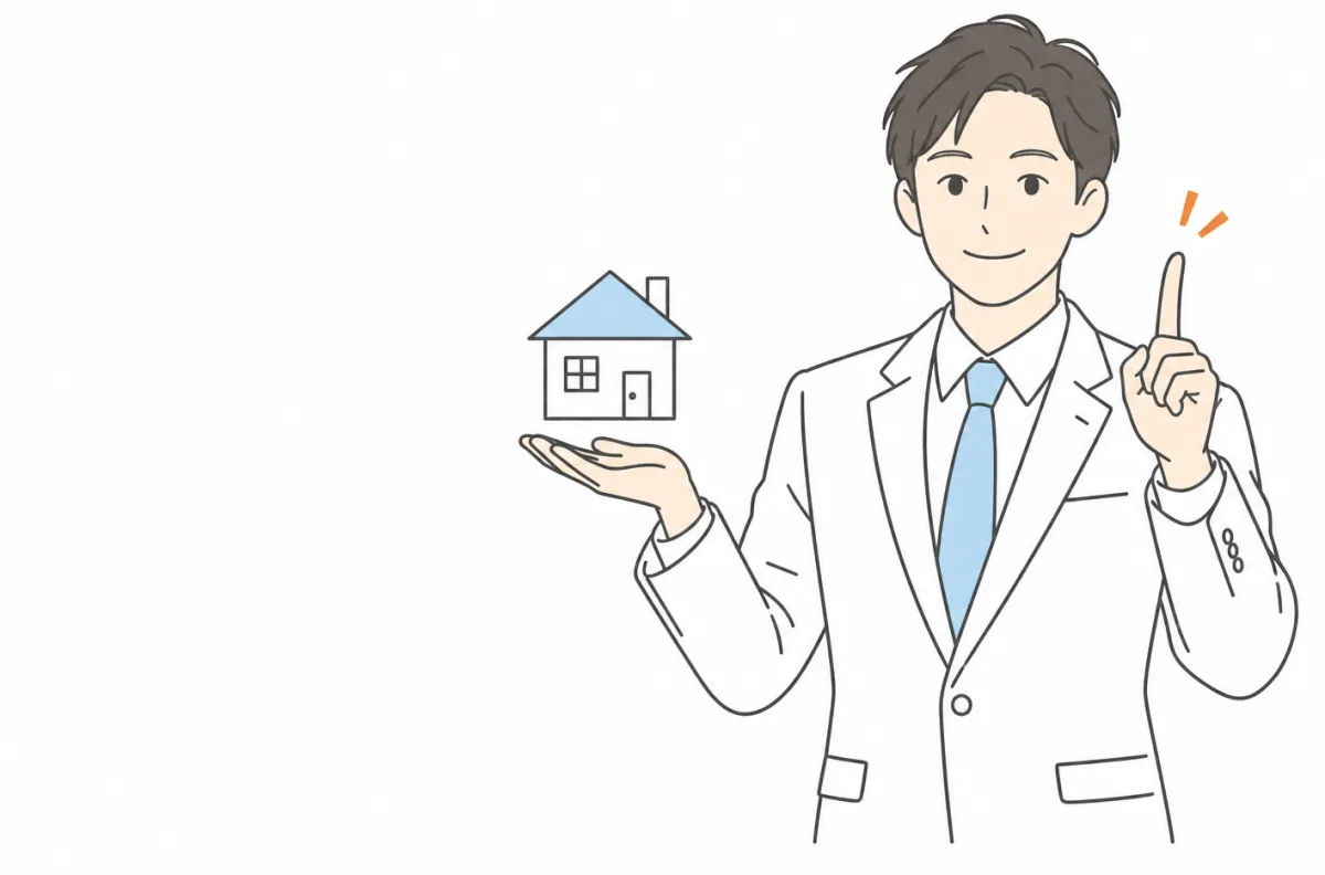 一軒家を示しながら説明する不動産会社の担当者のイラスト