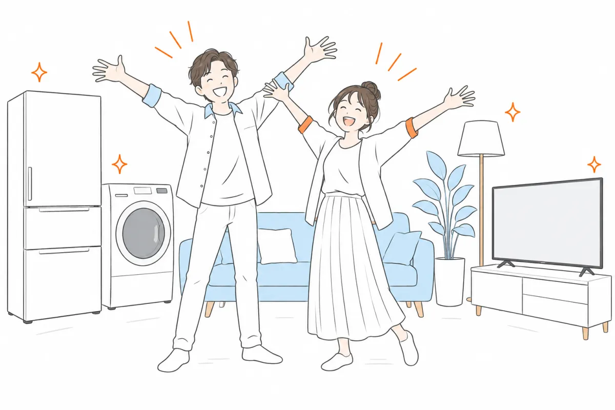 新しい家具と家電に囲まれて喜ぶ夫婦のイラスト